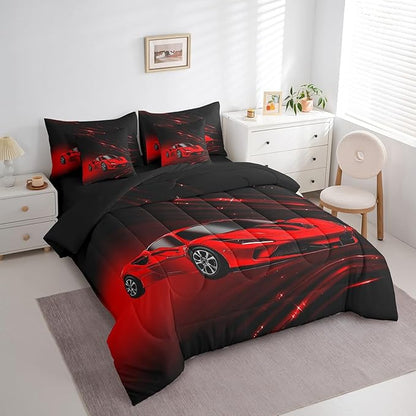 Feelyou Boys Red Race Car 7 Piece Bedding Set King Size Speed Sports Car Comforter Set with Sheets for Kids Teens Adult Fast and Furious Bed in a Bag Red Ombre Bed Set
