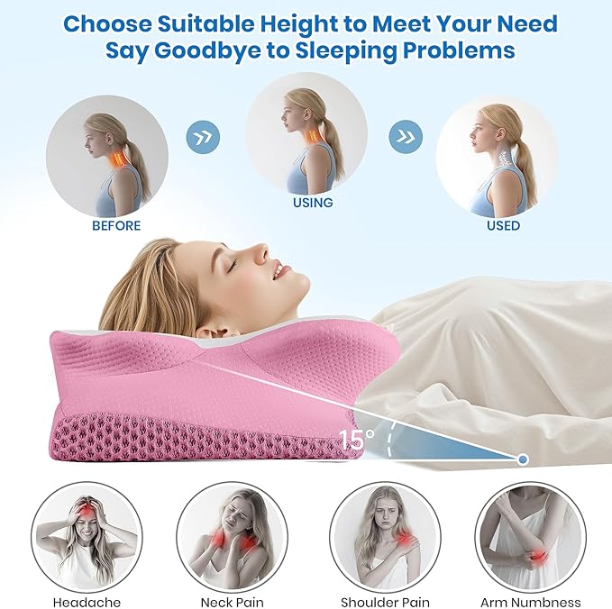 Cervical Neck Pillow for Sleeping, Memory Foam Side Sleeper Pillow,Ergonomic Pillows for Neck Pain Relief,Shoulder Support Pillows for Side Back Stomach Sleepers (Pink,Standard Size)