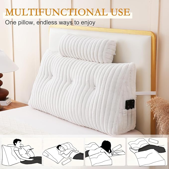 YOUR MOON Large Wedge Headboard Pillow Twin for Back with 1 Roll Pillow, Faux Fur Backrest Cushion with Shredded Memory Foam, Triangular Wedge Reading Pillow for Bed Sitting Up Sleeping, White