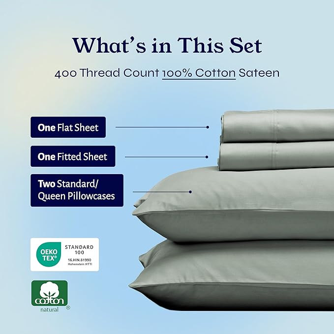 California Design Den Queen Sheet Set - Soft 400 Thread Count Sateen, Natural 100% Cotton Sheets, Deep Pockets with All Around Elastic for a Snug Fit, Durable Bedding Set - Sage Green