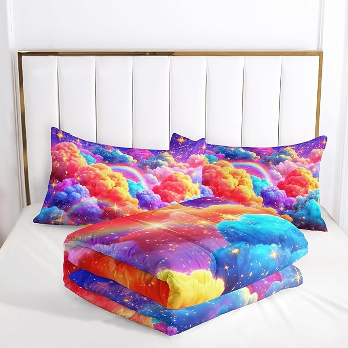 Rainbow Sparkles Kids Queen Size Comforter Set for Girls，Queen Size Colorful Cloud Bedding Sets for Girls