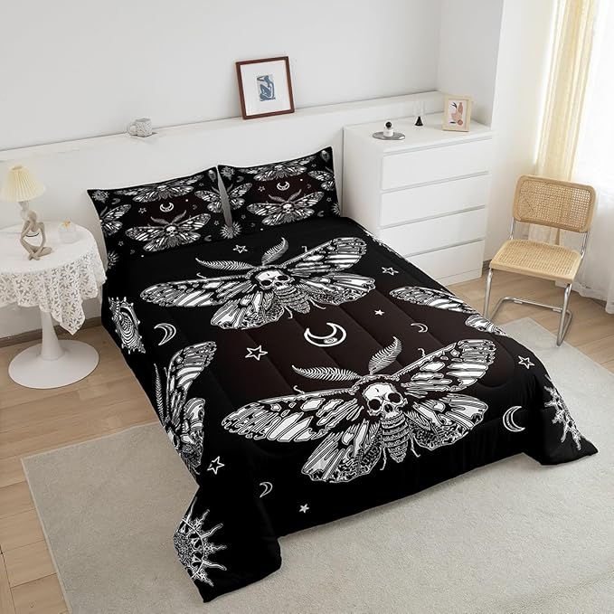 Boys Boho Moth Comforter Set Queen Size Men Gothic Skull Bedding Set for Girls Women Bedroom Decor Bohemian Moon Star Comforter Personalized Moth Skull Skeleton Bones Duvet Set Teens Quilt Set