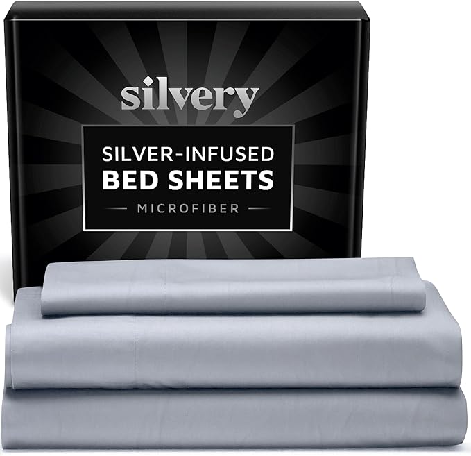 Silvery Silver Infused Bed Sheets Set - Ultra-Soft Temperature-Regulating Fabric with Self-Cleaning Technology™ That Stays Fresh 3X Longer for Hygienic Sleep (Gray, Twin)