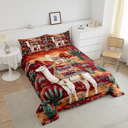 Boho Alpaca Comforter Set King Size for Kids Western Desert Cactus Bedding Sets All Season Exotic Tribal Style Quilt Set Bedroom Decor Cute Tropical Animal Down Comforter,3Pcs