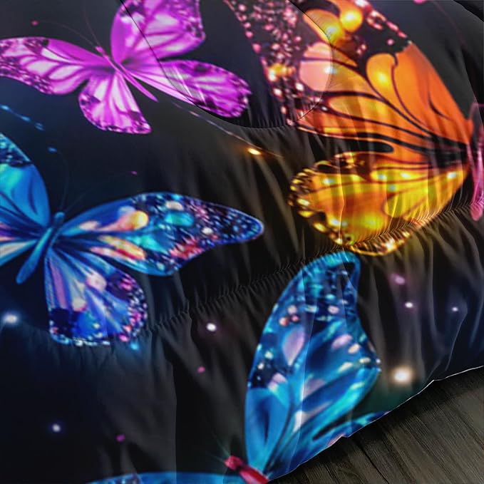 Colorful Sea Turtle Bedding Comforter Set, Twin Size, Butterflies Print, Fantasy Sea World Bedding, Beach Themed Comforter Set with 2 Pillowcases