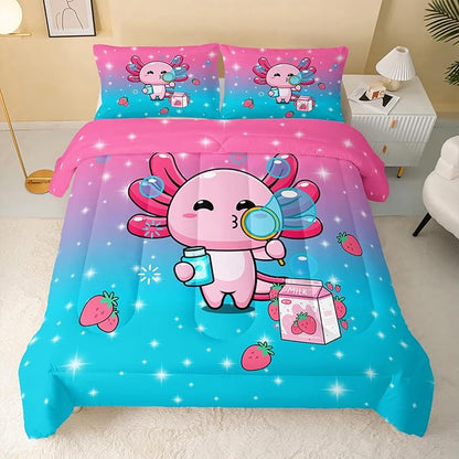 QOOMO Kawaii Axolotl Comforter,Pink Salamander Comforter Set for Kids Teens Girls,3Pcs Bedding Set Printed Comforter with 2 Pillowcases,Down Alternative,Soft and Lightweight(Pink，King Size)