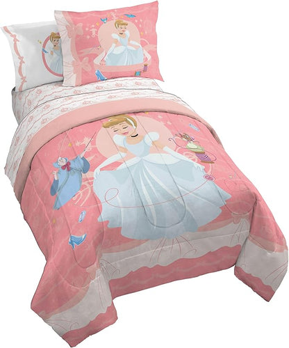 Jay Franco Kids Comforter Set Includes Sheets and Pillow Covers - Soft and Cozy Bed Set for Stylish Room Decor, Pink - Princess Cinderella, 5 Piece Twin Size Bedding
