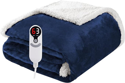 Electric Heated Blanket Throw Size 50"x60", Soft Flannel with Overheat Protection, 6 Adjustable Heat Settings & 3-Hour Auto-Off Timer, Fast Heating for Winter Comfort, Navy Blue