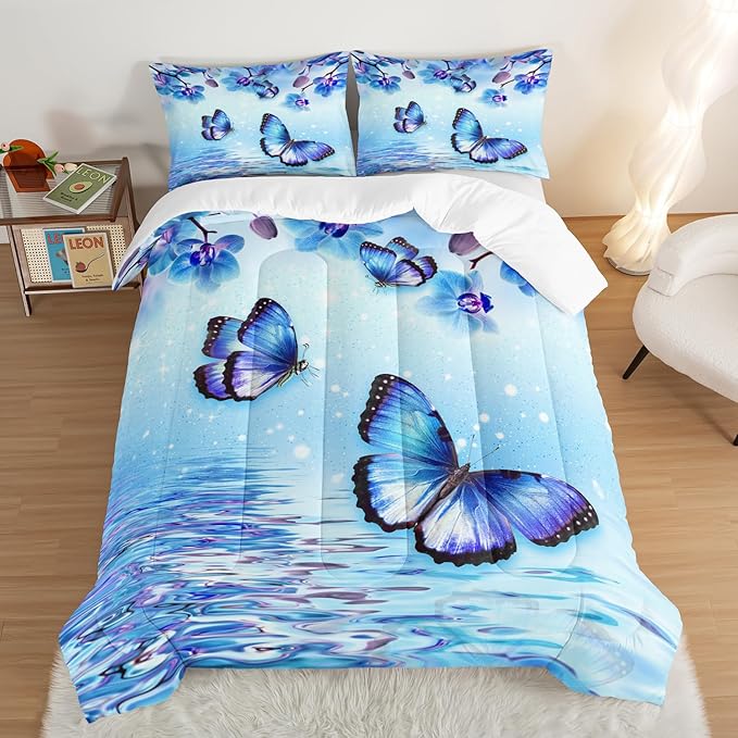 Fantasy Blue Themed Aesthetic Bedding Twin Comforter Set,Butterflies on Water with Falling Flowers Comforter Sets for Kids Girls Boys,Pretty Butterfly Pattern Bedding Sets with 2 Pillowcases.