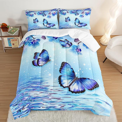 Fantasy Blue Themed Aesthetic Bedding Full Comforter Set,Butterflies on Water with Falling Flowers Comforter Sets for Kids Girls Boys,Pretty Butterfly Pattern Bedding Sets with 2 Pillowcases.