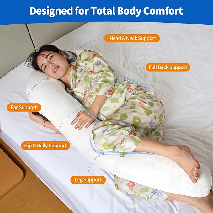 Pozico U-Shaped Full Body Pillow for Side Sleepers – 51-Inch Body Pillow with Ear Piercing Design – Cooling Pregnancy Pillow Orthopedic Support for Back, Neck & Hip – Soft Washable Velvet Cover