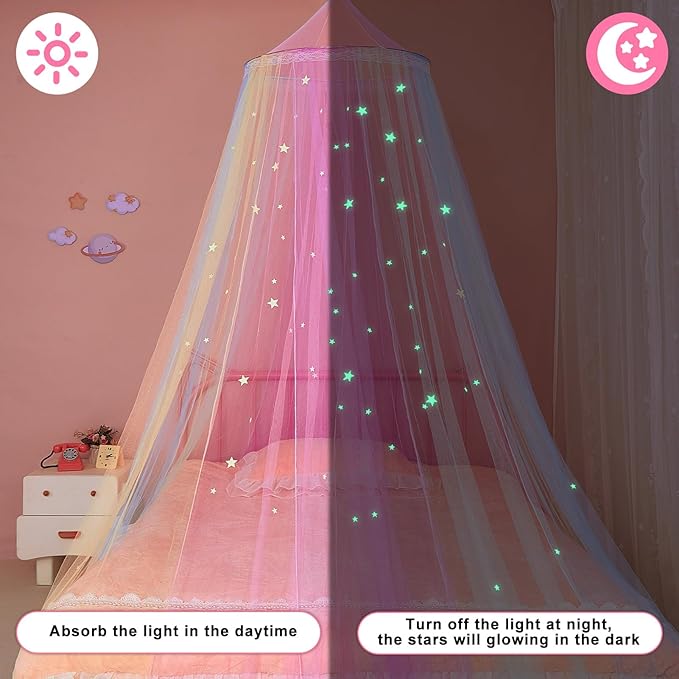 FIOBEE Bed Canopy for Girls Room Bed Canopy Curtains with Led Lights Mosquito Net DIY Princess Room Décor with Stars Butterflies for Kids Bedroom, Multi-Color