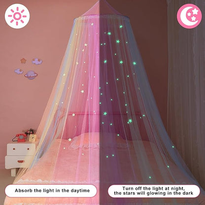 FIOBEE Bed Canopy for Girls Room Bed Canopy Curtains with Led Lights Mosquito Net DIY Princess Room Décor with Stars Butterflies for Kids Bedroom, Multi-Color