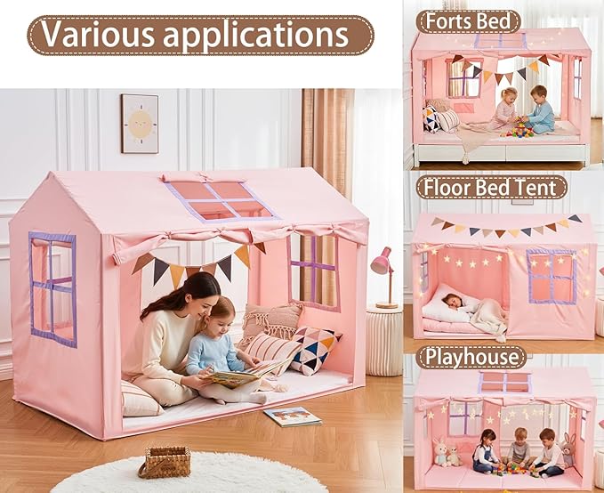 Twin Bed Tent Indoor Bed Canopy Kids Tents for Girls with 2 Doors, Breathable Private Space Fort Tents for Kids Floor Bed (Twin, Pink)