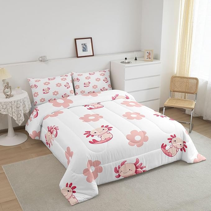Pink Axolotl Daisy Comforter Set Lovely Cartoon Wild Sealife Decor Bedding Set for Kids Girls Teens Watercolor Groovy Hippie Flowers Dreamy Microfiber Duvet Set with 2 Pillowcases Full Size 3 Pcs