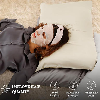BHZ Beige Satin Goose Down Feather Pillows Queen Size with Pillowcase for Hair and Skin, Cooling Pillow Cases Similar to Silk Pillow Cases, Decorative for Women, Mom Men