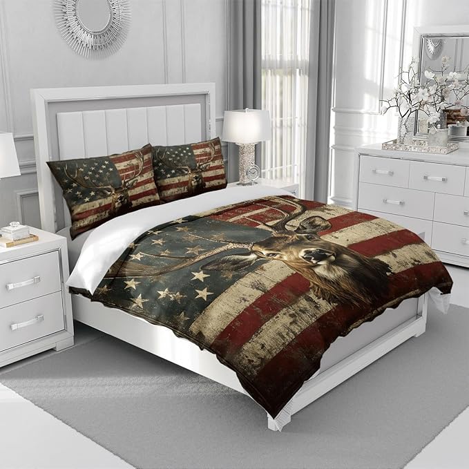 Deer Twin Duvet Cover Sets,Deer and American Flag Bedding Sets for Hunter Bedroom Decor, 1 Duvet Cover 2 Pillowcases Comforter Cover for Adult Teen boy,Twin