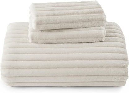 Bedsure Fluffy Duvet Cover Set - Ultra Soft Plush Shaggy Comforter Cover Queen Size, Warm Flannel Fleece Bed Sets for Winter, 3 Pieces (Striped Pattern, Linen)
