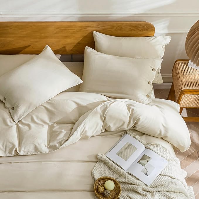 JELLYMONI Cotton Duvet Cover Full Size - Light Khaki Comforter Cover with Button 100% Washed Cotton 3PCS Breathable Soft Solid Bedding Set Duvet Cover 80×90in & 2 Pillowcases (NO Comforter)