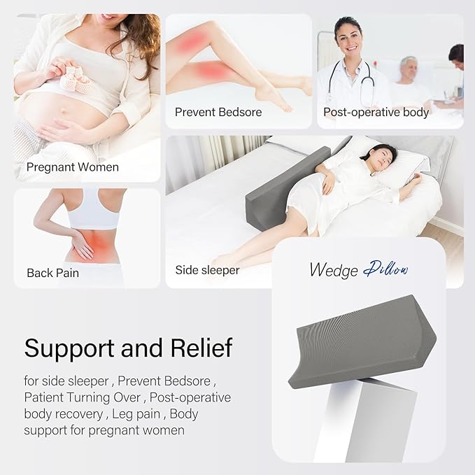 Fanwer 34.2in Wedge Pillow for Sleeping,Bed Wedge Pillows for After Surgery Body Positioners,Triangle Foam Wedge Pillow for Side Sleeping,for Pregnancy,Back,Leg Pain Relief,Grey Machine Washable Cover