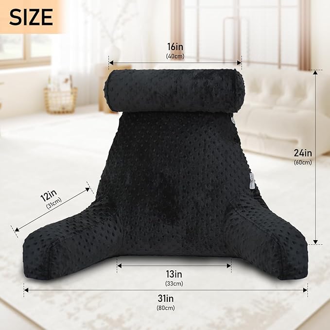 Reading Pillow for Sitting in Bed, Extra Large Backrest Support Cushion with Arms, Sit up Back Pillow Shredded Memory Foam back support Chair Pillow, Bed Rest Pillows with pocket, Detachable Neck Roll
