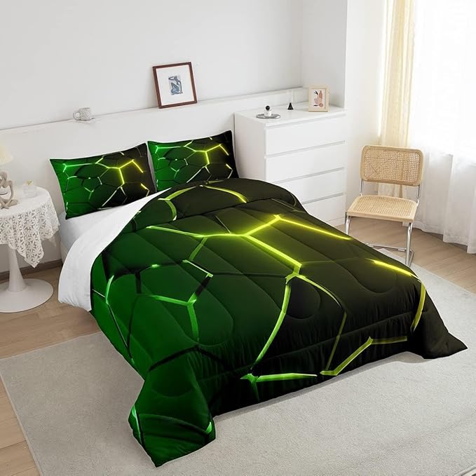 Honeycomb Comforter Green Yellow Hexagonal Print Bedding Set for Kids Boys Girls Children Beehive Geometrical Comforter Set Ultra Soft Decor Reticulated Duvet Set Toddler Size