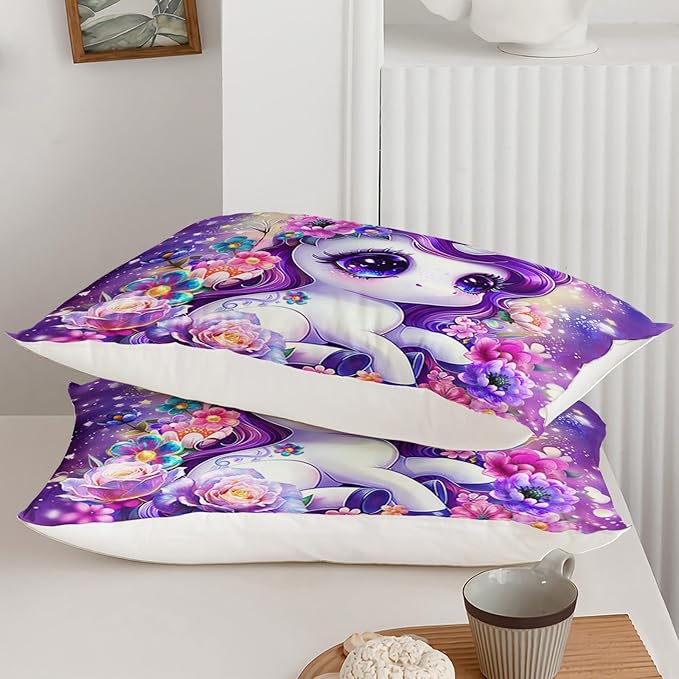 Girls Purple Cartoon Unicorn Comforter Set for Kids Girls Toddlers, Pink Flower Comforter Set Twin Size, 3Pcs Cartoon Kawaii Unicorn Quilte Set Room Decorative