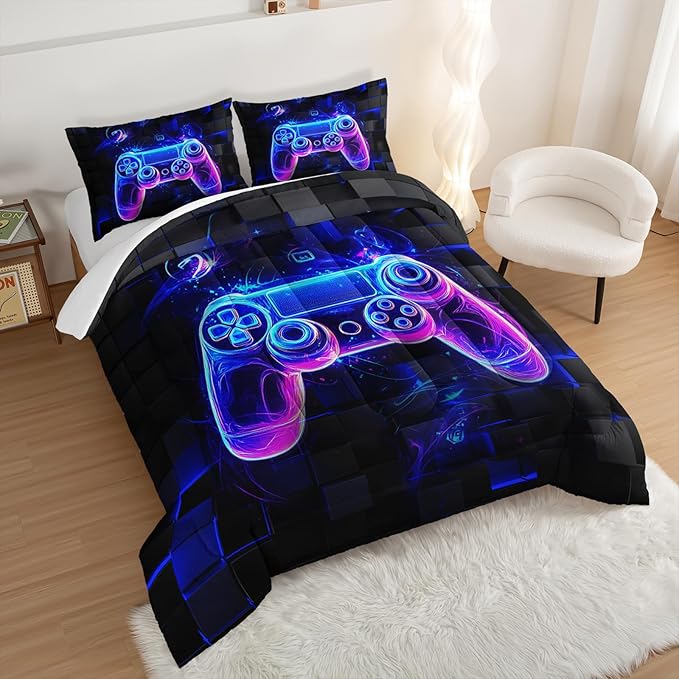 3 Pieces Bed in a Bag for Boys Bedding Sets King Size,Game Controller Comforter Sets for Boys Kids,Gaming Comforter Set for Teens Room Decor,Honeycomb Geometric Bedding with 2 Pillowcases.
