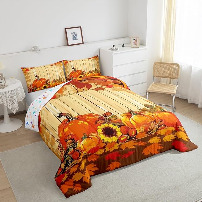 Feelyou Fall Pumpkin Bedding Set Toddler Size Soft Thanksgiving Harvest Season Fruit Decor Comforter Set for Kids Boys Girls Decor Maple Leaf Comforter Microfiber Deep Orange Duvet Set
