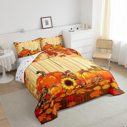 Feelyou Fall Pumpkin Bedding Set Toddler Size Soft Thanksgiving Harvest Season Fruit Decor Comforter Set for Kids Boys Girls Decor Maple Leaf Comforter Microfiber Deep Orange Duvet Set