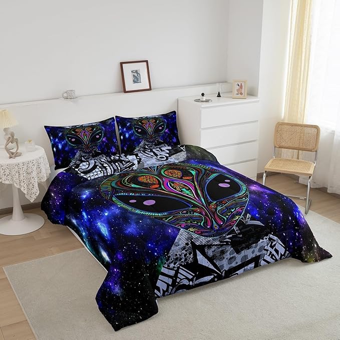 Feelyou Alien Printed Comforter Kids Galaxy Outer Space Themed Bedding Set Boys Girls Trippy Alien Hippie Skull Decor Comforter Set Colorful Tie Dye Quilted Duvet Bedroom Bed Set Toddler Size