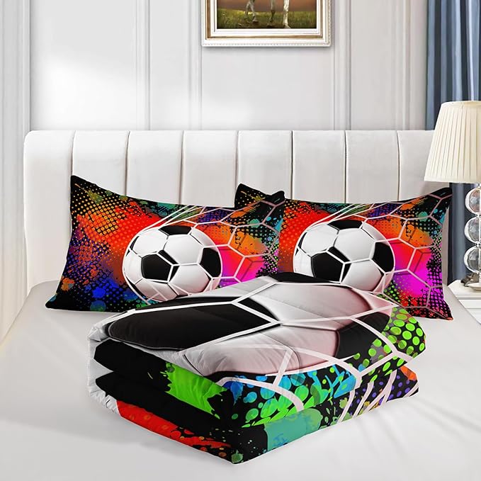 Soccer Bedding Set Twin Size,Sports Comforter Sets for Boys,Football Rushing Out of The Goal Pattern Bedding Sets for Kids Room Decor,Watercolor Tie Dye Bed Comforter Sets with 2 Pillowcases.
