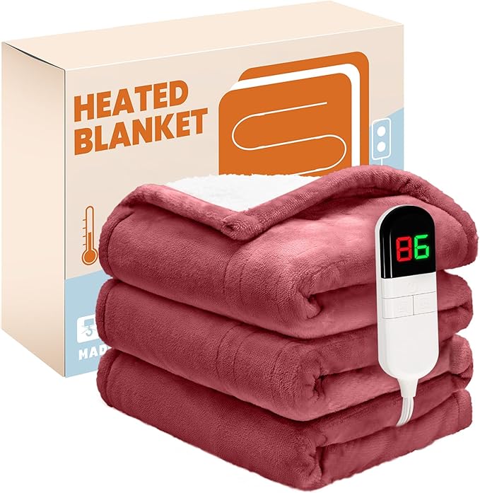 Electric Heated Blanket,Flannel & Sherpa Heated Throw Blanket 50"x60",Fast Heating Soft Fleece Blanket with 6 Heating Levels & 4H Auto Off-Wine red
