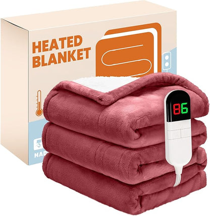 Electric Heated Blanket,Flannel & Sherpa Heated Throw Blanket 50"x60",Fast Heating Soft Fleece Blanket with 6 Heating Levels & 4H Auto Off-Wine red