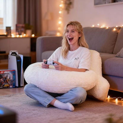 Reading Pillow for Bed,U Shaped & Back Support Pillow for Bed,17" Backrest with Lumbar & Arm Support,Luxurious Faux Rabbit Fur,Gaming PillowFor Crochet/Reading/Watching TV,White