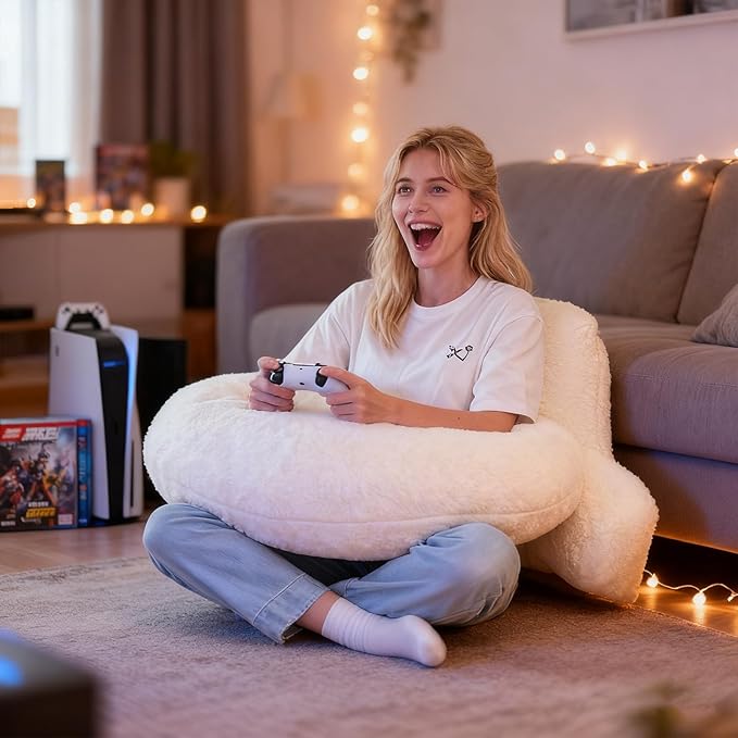 Reading Pillow for Bed,U Shaped & Back Support Pillow for Bed,19" Backrest with Lumbar & Arm Support,Luxurious Faux Rabbit Fur,Gaming PillowFor Crochet/Reading/Watching TV,White