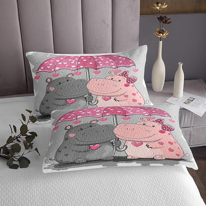 Erosebridal Hippo Bedding Set Cartoon Animal Bedspread for Girls Boys Lady Youth,Pink Umbrella Coverlet Set Cute Wildlife Quilt Set Love Heart Bedroom Decor Twin Size Gray
