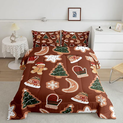 Erosebridal Merry Christmas Comforter Set for Kids Boys Girls,Cartoon Gingerbread Man Christmas Tree Bedding Twin,Cute Xmas Comforter Sets,Moon Snowflake Duvet Insert with 1 Pillowcase