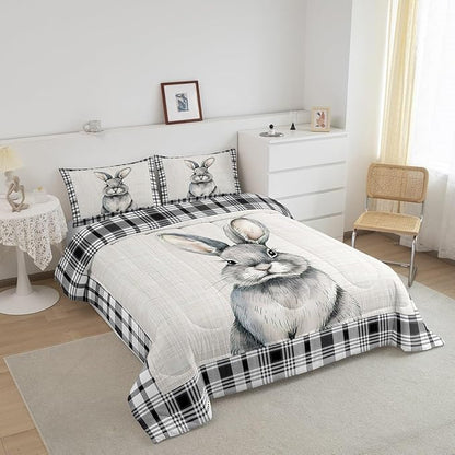 Teens Cute Rabbit Pattern Comforter Set Queen Size,Black White Grid Stripes Bedding Set for Kids Girls Bedroom Decoration,Lovely Animal Bed Duvet Insert,Rabbit Pattern Comforter with 2 Pillowcases
