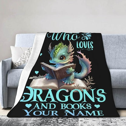 Custom Dragon Blanket with Name for Women Men, Personalized Cute Dragon Themed Design Printed Throw Blankets for Teens Adults Couch Bed, Giftable Blanket, 60"x 80"