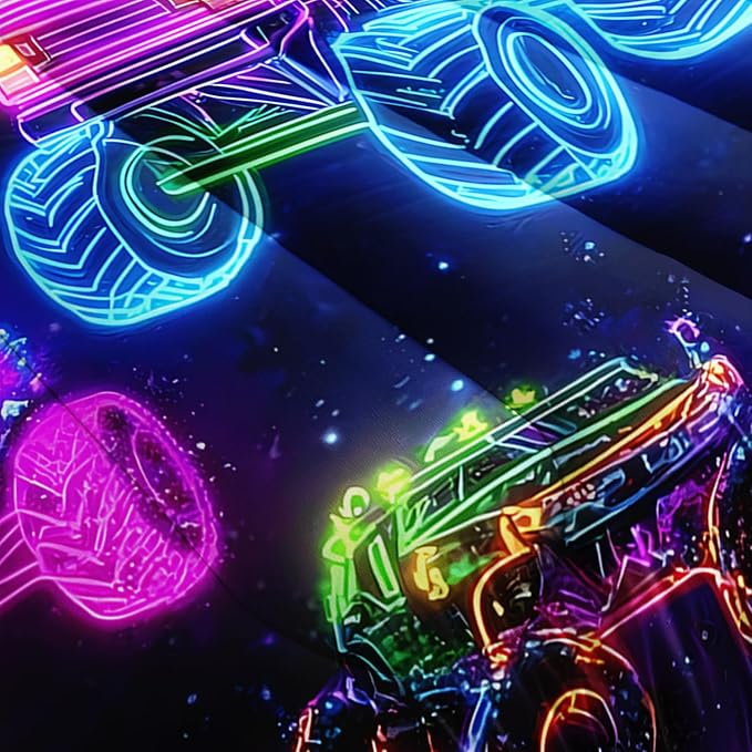 Colorful Neon Off-Road Racing Truck Comforter 3Pcs Queen Cool Speed Race Car Bedding Set for Kid Teen Girl Boy Adult Automobile Extreme Sport Game Quilt Bed Decor with 1 Comforter&2 Pillowcases