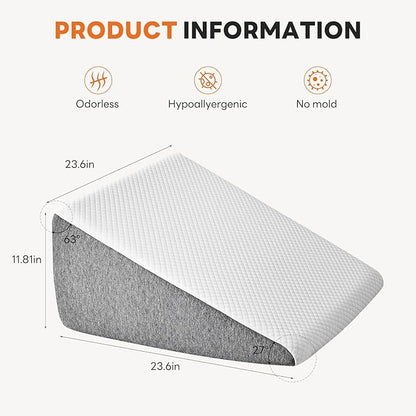 Sweetcrispy Wedge Pillow, Body Pillow for Sleep Apnea, Neck Pain Relief, Post Surgery, Sleeping Comfort, Acid Reflux, Heartburn, Back Pain Relief and Snoring, 12Inch, White& Grey