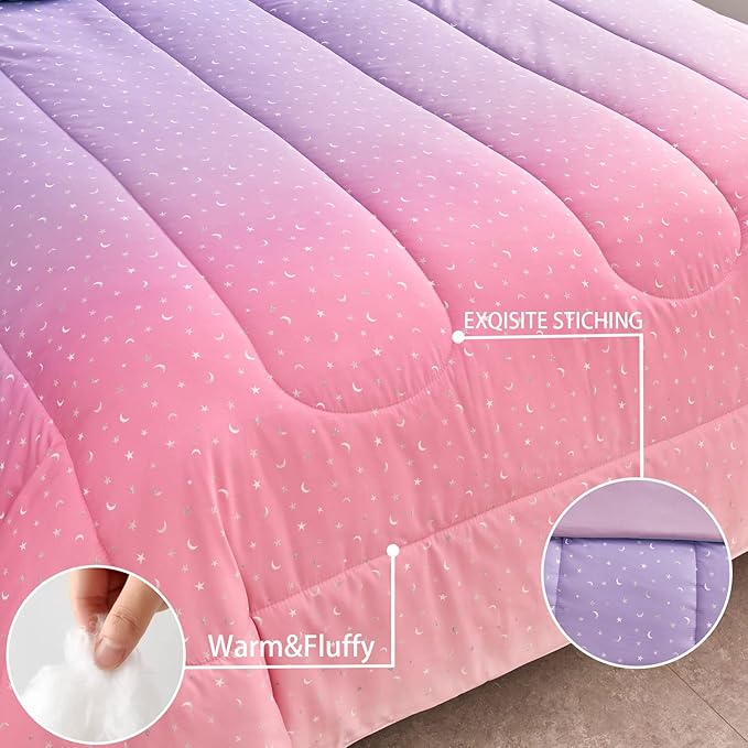 Yogeneg Rainbow Comforter Set Full/Queen Size for Teen Girls&Boys Women,Metallic Star Moon Printed Mermaid Comforter with 2 Pillowcase, Microfiber 3 Piece Bedding Set,All Season (Rainbow B, Queen)