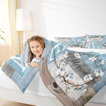 Rustic Farmhouse Comforter Set Twin Size Blue White Patchwork Wooden Board Bedding Set Cotton Flowers Quilt Set for Kids Women Youth Family Home Decor Botanical Floral Duvet Insert 2pcs
