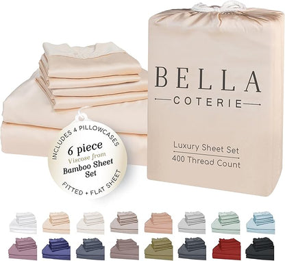 Bella Coterie 6 Piece Luxury Bamboo Viscose California King Size Sheet Set | 100% Organically Grown | Cooling for Hot Sleepers | 18" Deep Pocket | Soft & Hypoallergenic | 4 Pillowcases [Champagne]