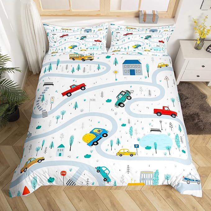 Cartoon Truck Duvet Cover Set Twin Size,Boys Road Traffic Themed Comforter Cover Car Vehicle Transport Bedding Set 2pcs for Kids Teens Room Decor,Watercolor Tree White Quilt Cover,1 Pillowcase