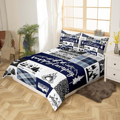 Camping Adventure Duvet Cover Queen Size,RV Camper Accessories for Travel Trailers Duvet Cover Set for Children Adult,Rustic Blue Plaid Boho Aztec Exotic Comforter Cover for Dorm Room, Zipper, Ties