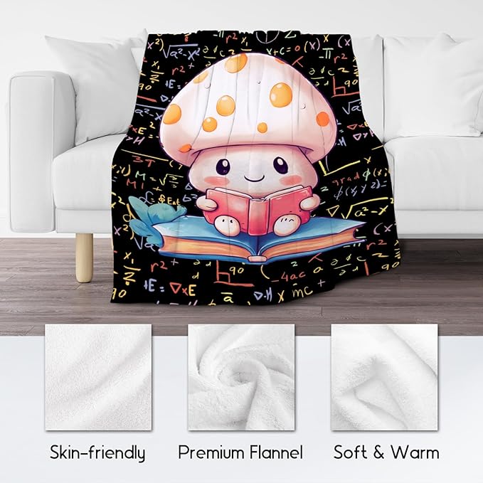 Girls Blankets - Mushroom Blanket Gifts - 60x80 Inch Cute Cozy Soft Flannel Reading Throw for Couch, Office Bed