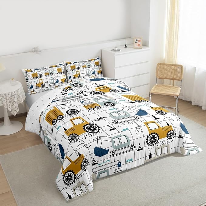 Feelyou Construction Comforter Set Full Size Kids Excavator Tractor Toddler Comforter Cartoon Car Equipment Trucks Plaid Grid Comforter Set Construction Vehicles White Yellow Duvet Set