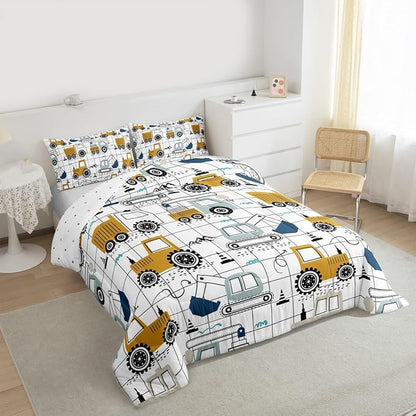 Feelyou Construction Comforter Set Queen Size Kids Excavator Tractor Toddler Comforter Cartoon Car Equipment Trucks Plaid Grid Comforter Set Construction Vehicles White Yellow Duvet Set